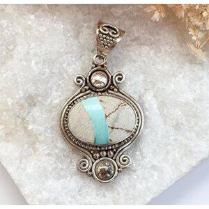 Balinese Made Cabochon Marble White & Turquoise Sterling Silver Vintage Pendant
